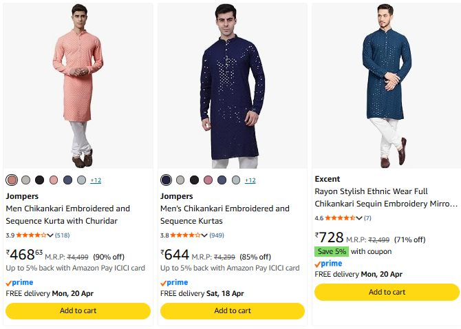 Men Chikankari Kurta with Churidar Set Upto 90% Discount