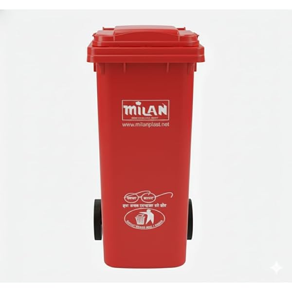 Milan Plastic Manual-Lift Garbage Waste Dustbin with Wheels 120 Ltr Red