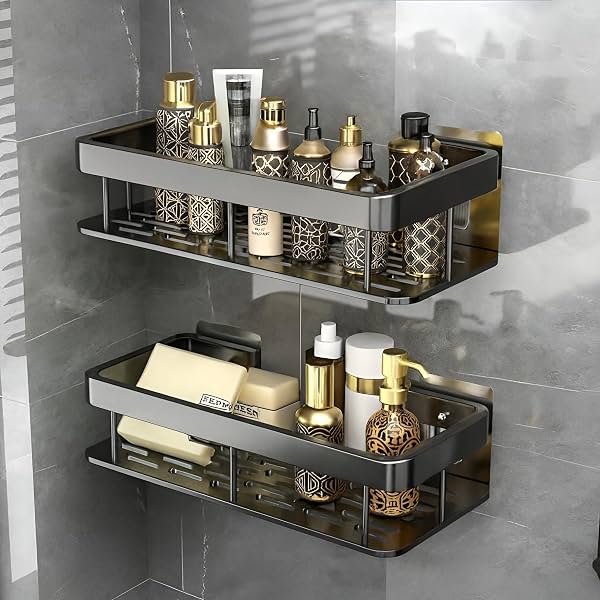 Misamo Enterprise 2 Pcs Aluminium Bathroom Wall Shelf Organiser, 30 cm, Adhesive Mount Storage Rack with Installation Ki