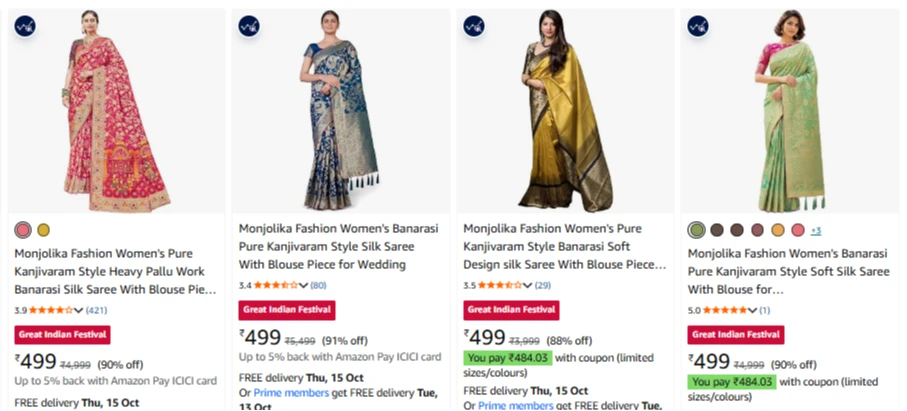 Monjolika Women's Saree at minimum 90% Discount