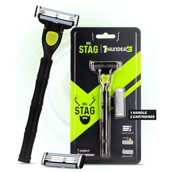 Mr. Stag Thunder3 Shaving Razor for Men – 3 Blades, 1 Handle & 2 Cartridges