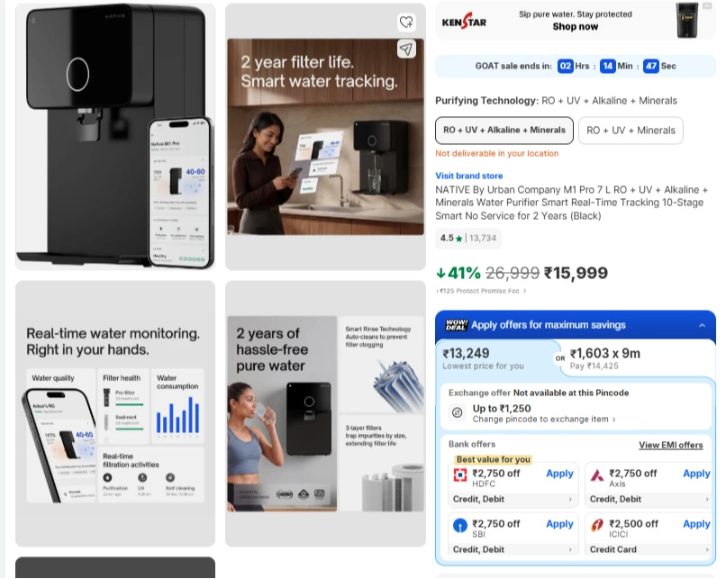 NATIVE M1 Pro 7L Smart RO+UV Water Purifier