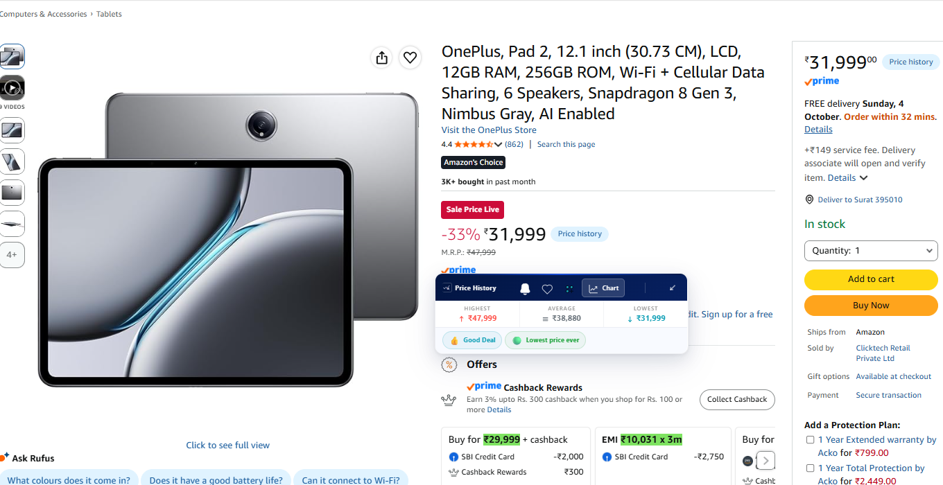 OnePlus, Pad 2, 12.1 inch (30.73 CM), LCD, 12GB RAM, 256GB ROM
