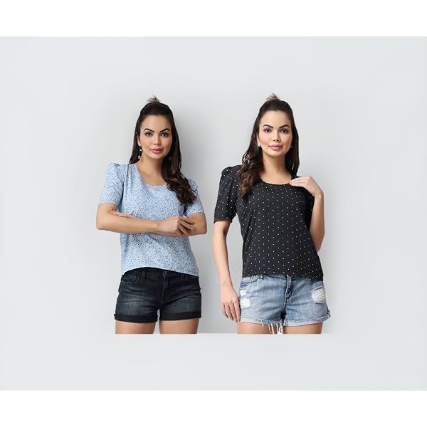 POPWINGS Casual Floral Printed Round-Neck Puff-Sleeves Tops Combo for Women