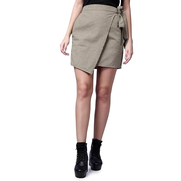 POPWINGS Casual Mini Checks Print Wrap-Up Skirt for Women