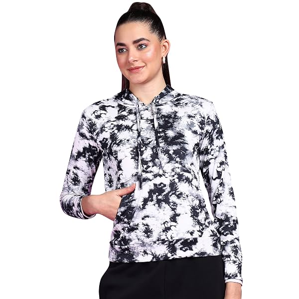POPWINGS Women Casual Azure Blue Floral Print Hooded Pocket Sweatshirt