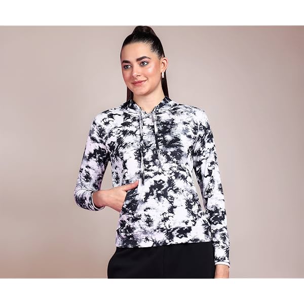 POPWINGS Women Casual Azure Blue Floral Print Hooded Pocket Sweatshirt