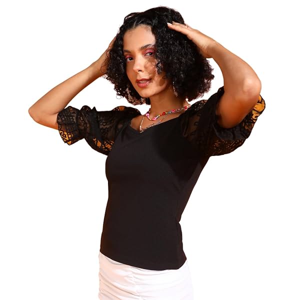 POPWINGS Women Casual Black Net Sleeve Top | Women Top | Women Trendy Top