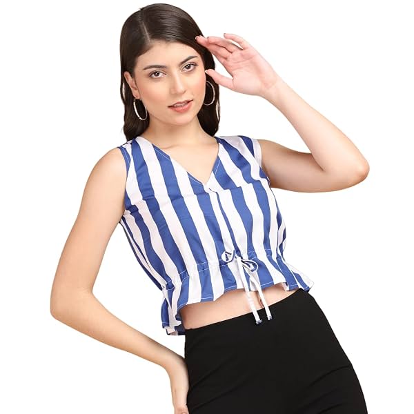 POPWINGS Women Casual Bue & White Stripe Printed Crop Top