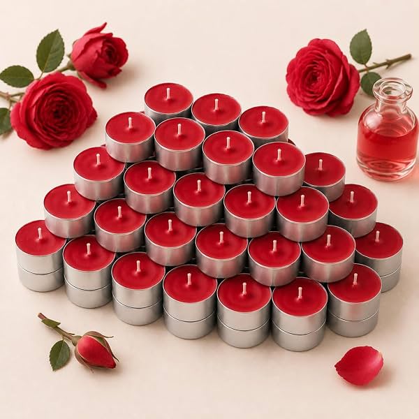 Pack of 50, Tea Rose Scented Tealights | 3.5 hr Burn Time | Red Color