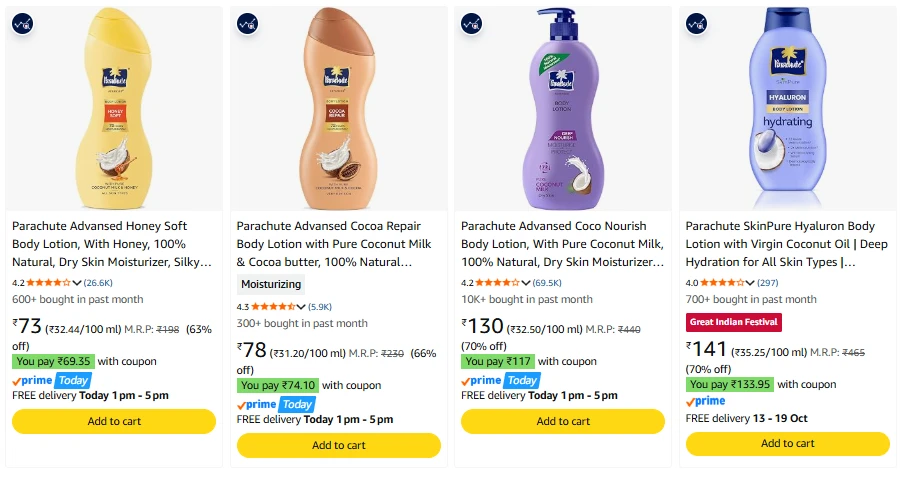 Parachute Body Lotion starting ₹73