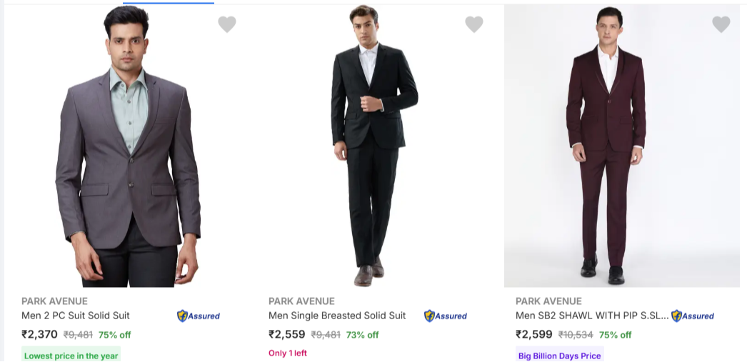 Park Avenue Mens Readymade Suits Upto 75% Discount