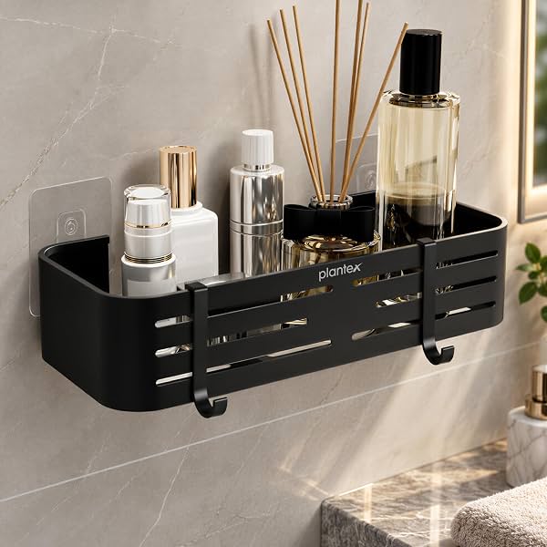 Plantex Self Adhesive Shelf for Bathroom Wall 12x5 Inches Matt Black