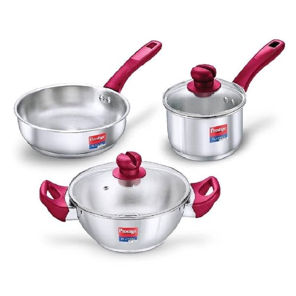 Prestige Stainless Steel 3 Pc Cookware Set with 2 Glass Lids | Platina Popular | Fry Pan 22cm/1.9L | Kadai 22cm/2.25L |