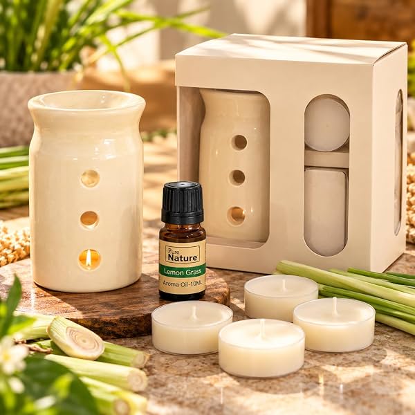 Pure Source India Aroma Set with 10 ML Aroma Oil and 4 Tea Light Candles