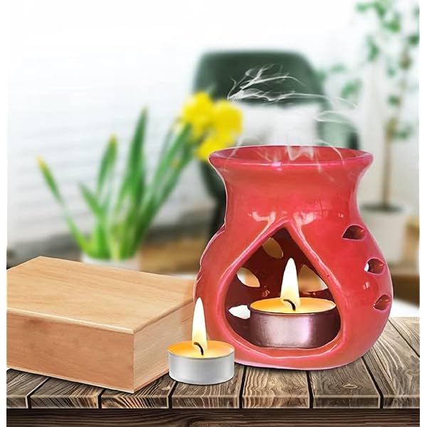 Pure Source India Ceramic Aroma Burner Tea Light Candle Holder/Oil Warmer for Home, Office & Decor (Red)