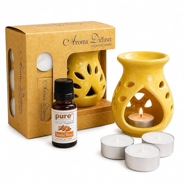 Pure Source India Ceramic Aroma Gift Set with 10 Ml Sandalwood Oil and 4 Tea