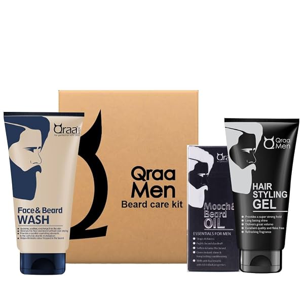 Qraa Beard care kit -Mooch & Beard Oil-For Hair growth,Face and Beard Wash and Hair Styling Gel for men (Set of 3)