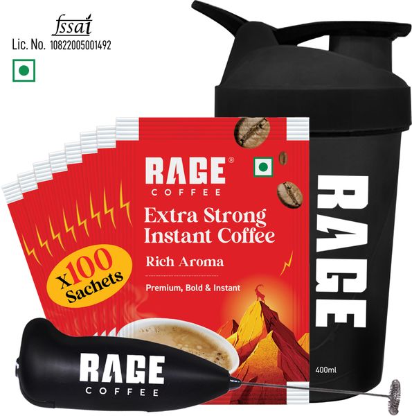 RAGE Extra Strong Premium Blend Coffee Pack of 100+Multipurpose Shaker 450 ml+Frother Instant Coffee (100 x 1.5 g, Assor