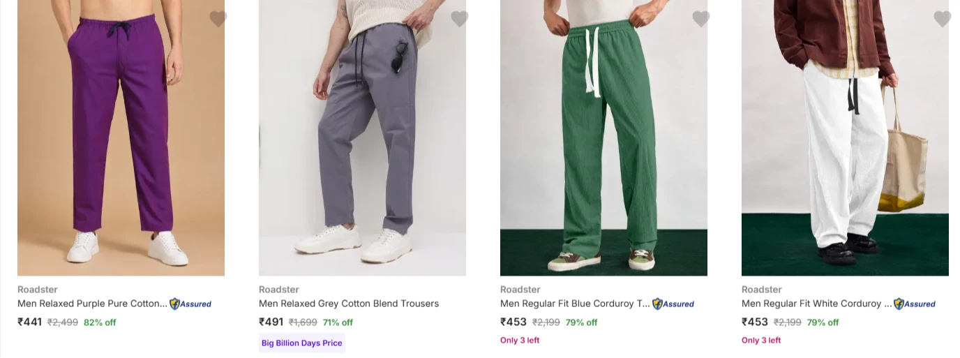 Roadster Men's Trousers at minimum 70% Discount