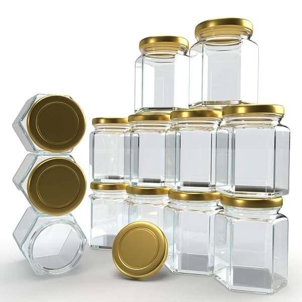 SITOVI Hexagon Glass Jar & Container, 250 ml (Pack of 6)