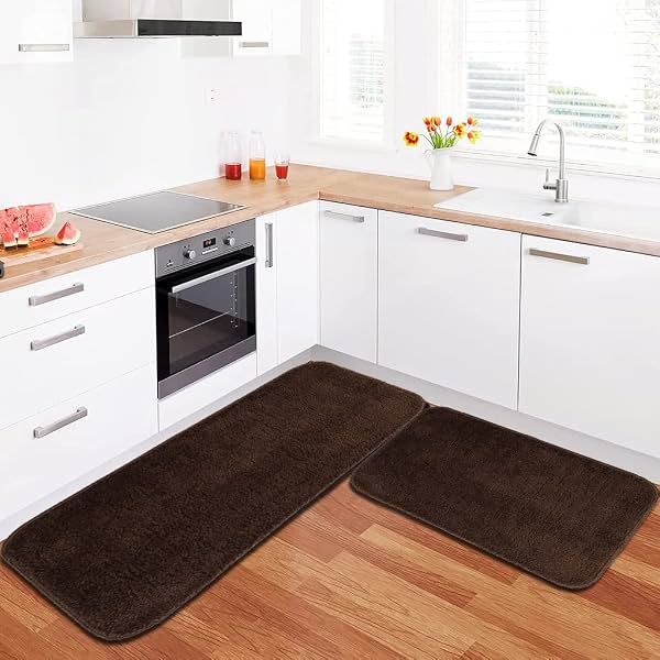 SKIVE India Kitchen Mat and Runner with Anti Skid Backing,Colour Coffee Set of 2