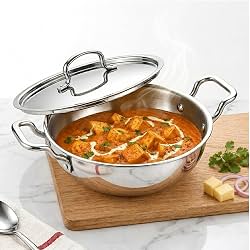 SOLARA Triply Stainless Steel Kadai with SS Lid 20 cm, Tri Ply SS Kadhai