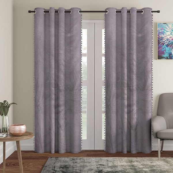 STITCHNEST Grey Velvet Pom Pom Door Curtain