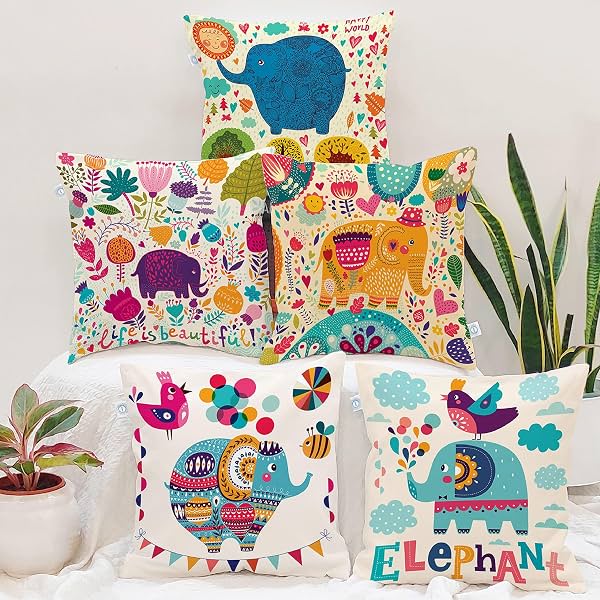 STITCHNEST Multicolor Elephant Jungle Cushion Covers