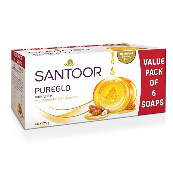 Santoor PureGlo Glycerine Soap with Almond Oil and Glycerine, 125g (Pack of 6) for Nourished Glowing Skin