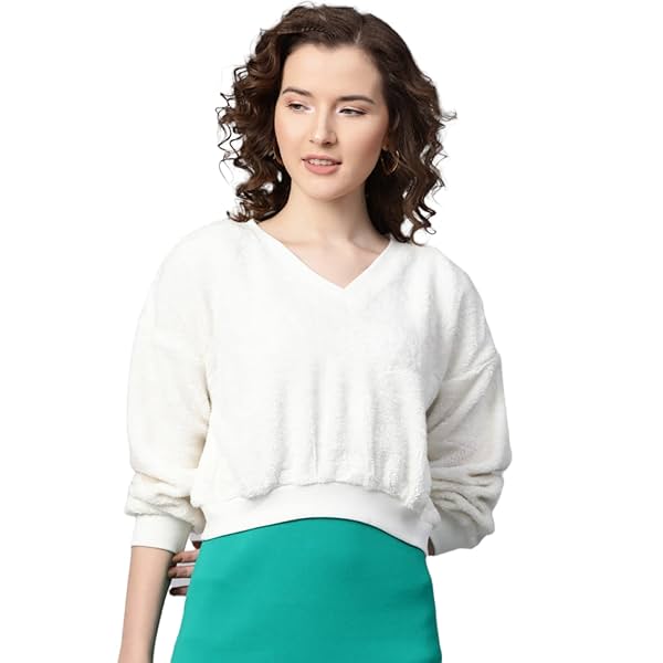 Sassafras Women V-Neck Faux Fur Crop Sweatshirt