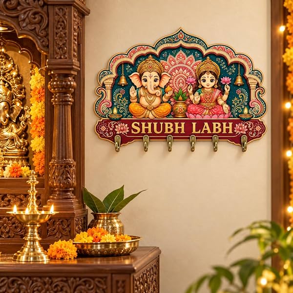 Shubh Labh Ganesh Lakshmi Wooden Wall Key Holder with 6 Hooks