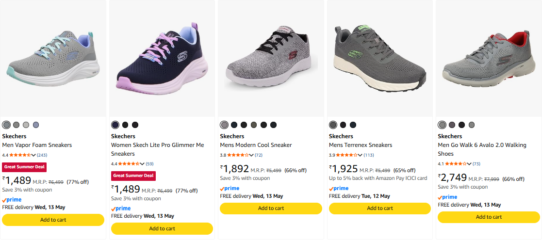 Skechers men's shoes starting @ ₹1489 ( upto 77% off )