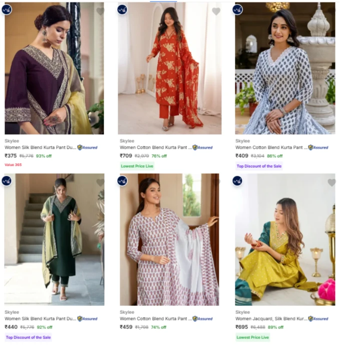 Skylee Women's Kurta sets upto 93% Discount
