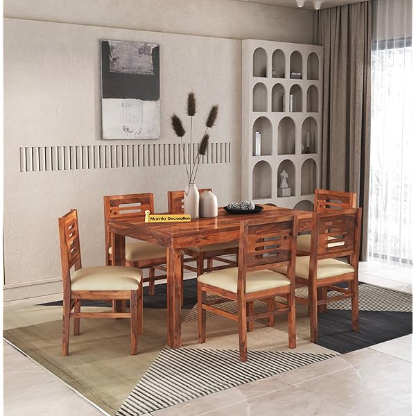 Solid Sheesham Wood Dining Table Set 6 Seater Six Seater Dining Table with 6 Cushions Chair