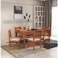 Solid Sheesham Wood Dining Table Set 6 Seater Six Seater Dining Table with 6 Cushions Chair