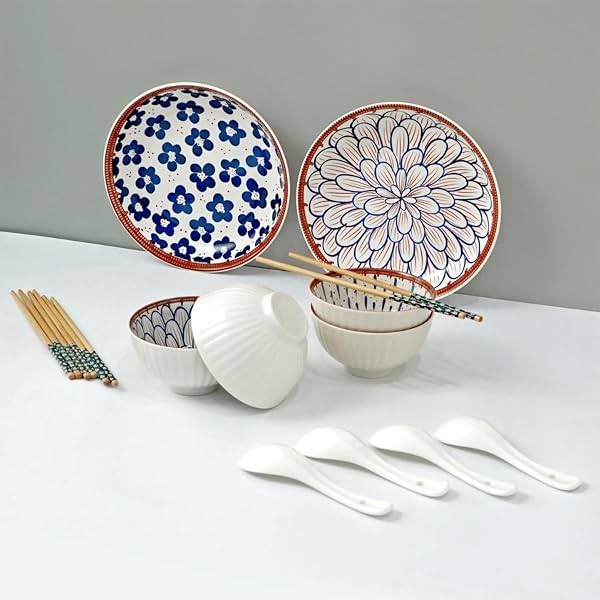 Solimo Elegant Ceramic Bowl Plate Spoon Chopstick Set 14Pcs