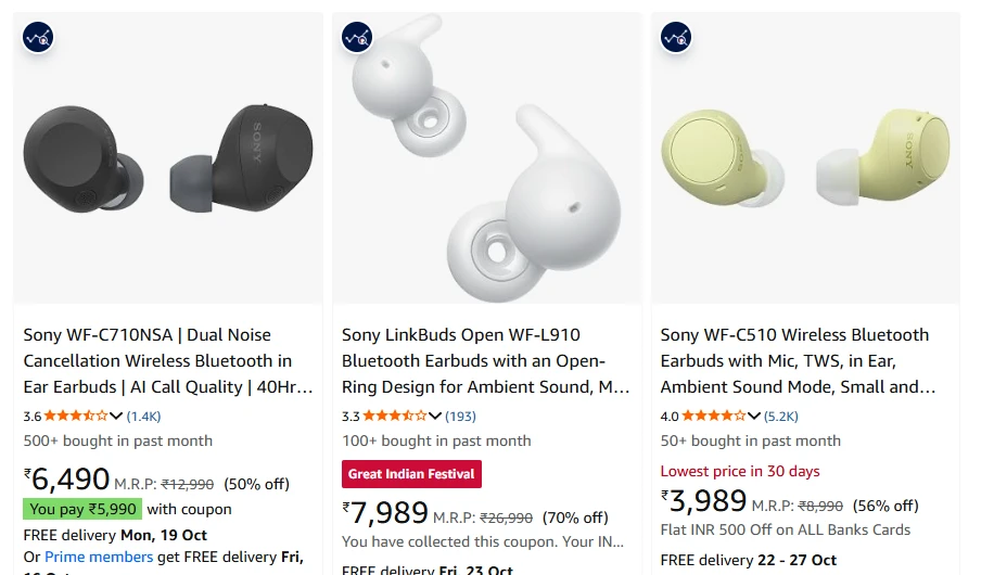 Sony Earbuds at minimum 70% Discount