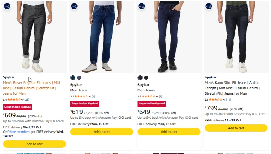 Spykar Men's Jeans upto 81% Discount