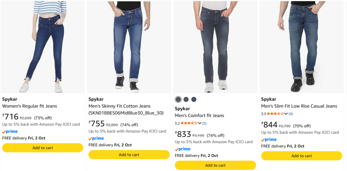 Spykar Men's jeans Minimum 70% Discount