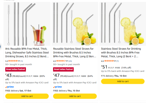 Stainless Steel Reusable Metal Straws at minimum 53% Discount