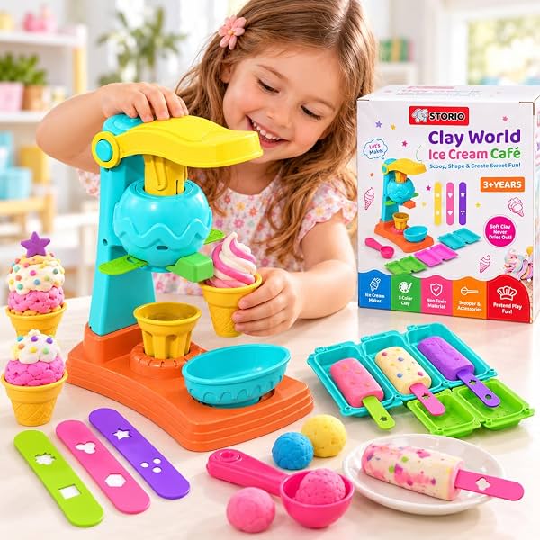 Storio Play Dough for Kids, Ice Cream Maker Clay Set with 5 Color Dough