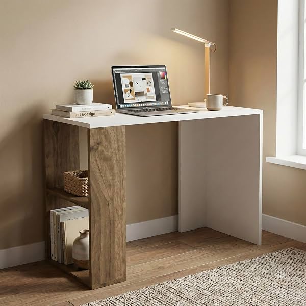 Strata Compact Computer Desk with Built-in 2-Tier Bookshelf & Workstation for Home Office