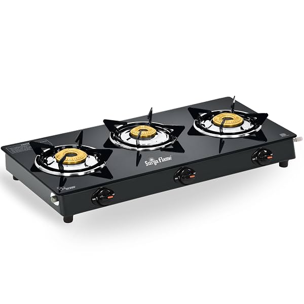 Surya Flame 3 Burner Glass Top Gas Stove | ISI Certified | Manual Ignition