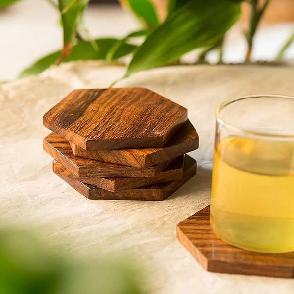 THE WOODEN CITY Hexagon Woolen Coaster Set of 6
