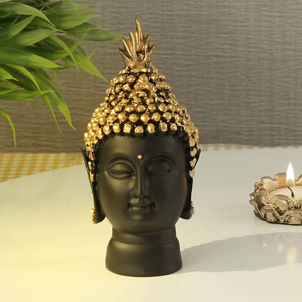 TIED RIBBONS Resin Buddha Head Idol Statue 13.7 cm x 6.3 cm