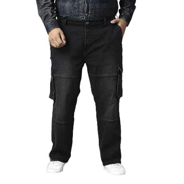 TURNING BLUE Mens Plus Size Black Cargo Relaxed Fit Jeans