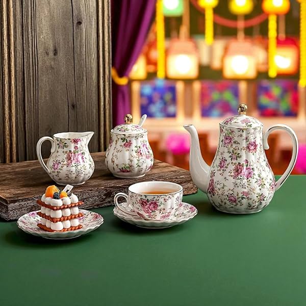 Tea Cup Set with Kettle, Sugar & Milk Pot for Hosting & Gatherings | 15 Pieces