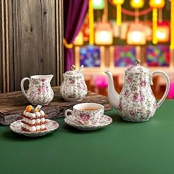 Tea Cup Set with Kettle, Sugar & Milk Pot for Hosting & Gatherings | 15 Pieces