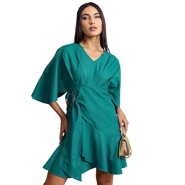 Tokyo Talkies Women's Three-Quarter Sleeves V-Neck Solid Casual Dress